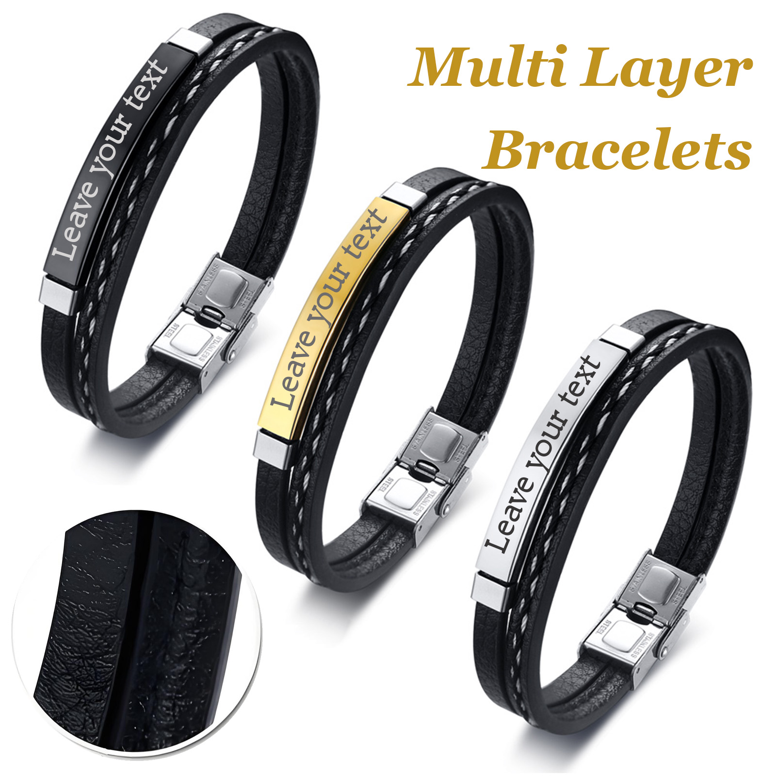 Men'S Fashion Gold Chain - Bracciale in Pelle PU Intrecciata a